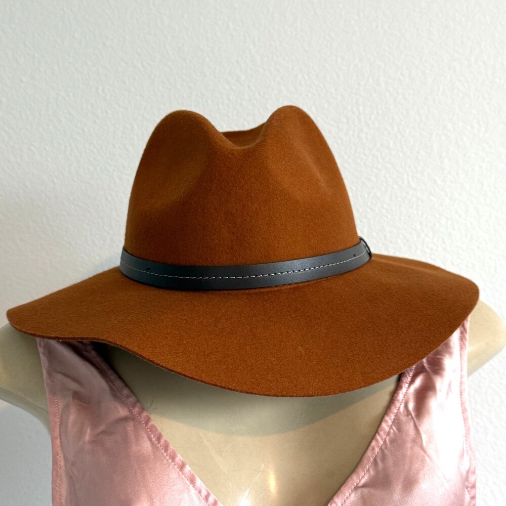 Wool Hat Rust Fedora Style Wide Brim Faux Leather Earthcore Western Rustic Boho